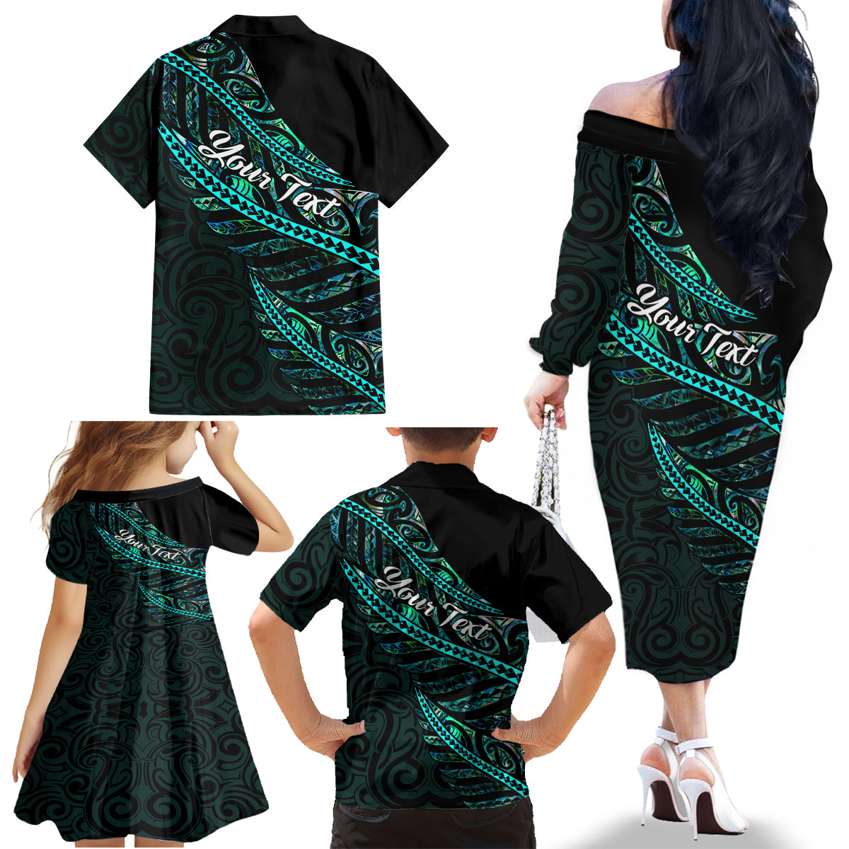 personalised-aotearoa-family-matching-off-shoulder-long-sleeve-dress-and-hawaiian-shirt-silver-fern-mix-paua-shell-polynesian-pattern