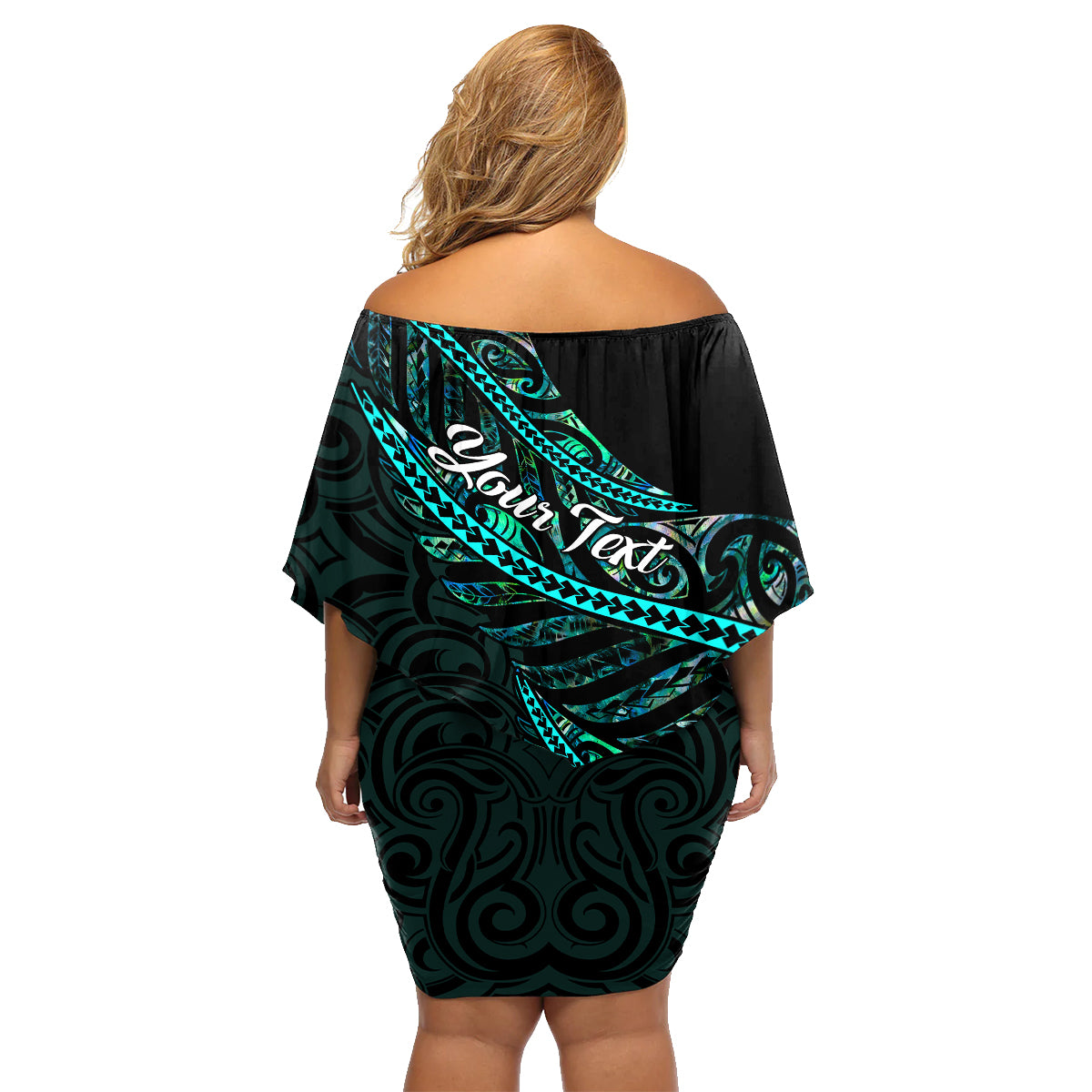 personalised-aotearoa-family-matching-off-shoulder-short-dress-and-hawaiian-shirt-silver-fern-mix-paua-shell-polynesian-pattern