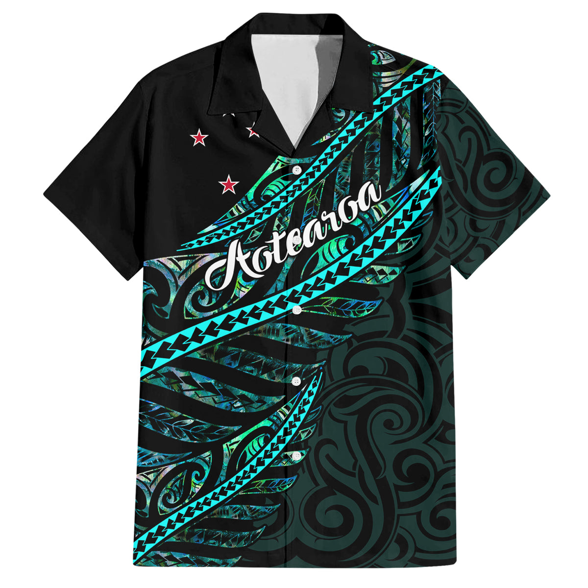 personalised-aotearoa-family-matching-short-sleeve-bodycon-dress-and-hawaiian-shirt-silver-fern-mix-paua-shell-polynesian-pattern