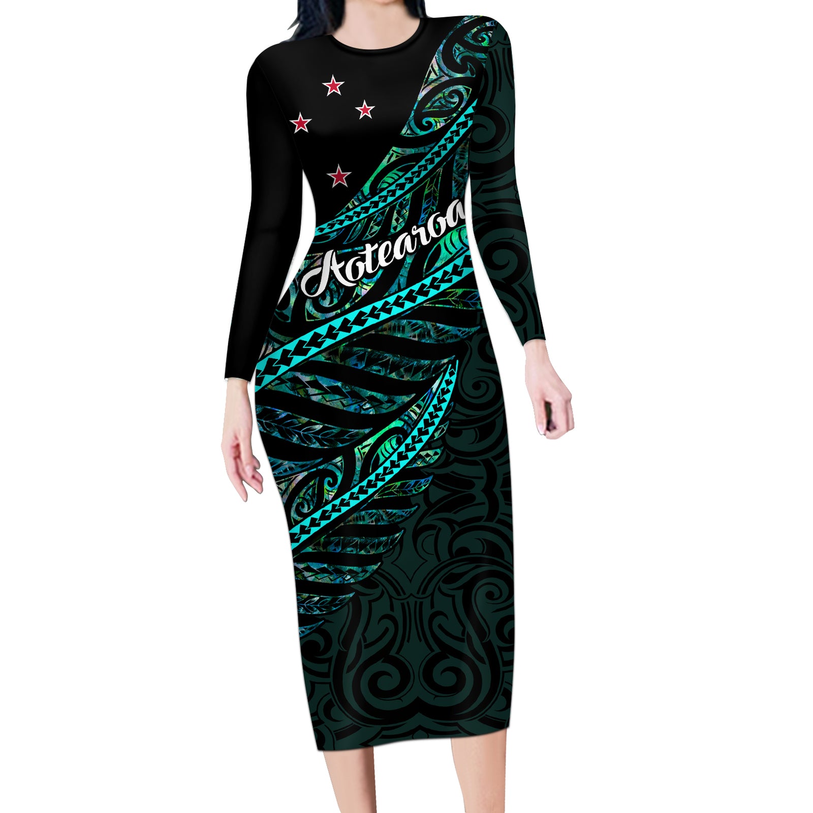Personalised Aotearoa Long Sleeve Bodycon Dress Silver Fern Mix Paua Shell Polynesian Pattern LT01 Long Dress Black - Polynesian Pride
