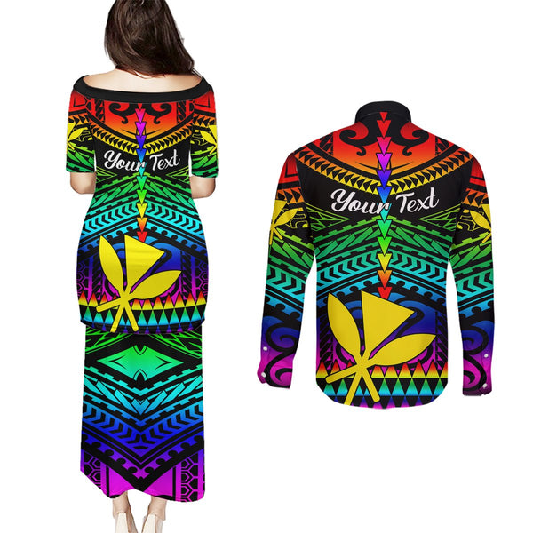 French Polynesia Tahiti Couples Matching Puletasi Dress and Long Sleeve Button Shirts Polynesian Shark Tattoo With Hibiscus Red Version LT14 main image 1