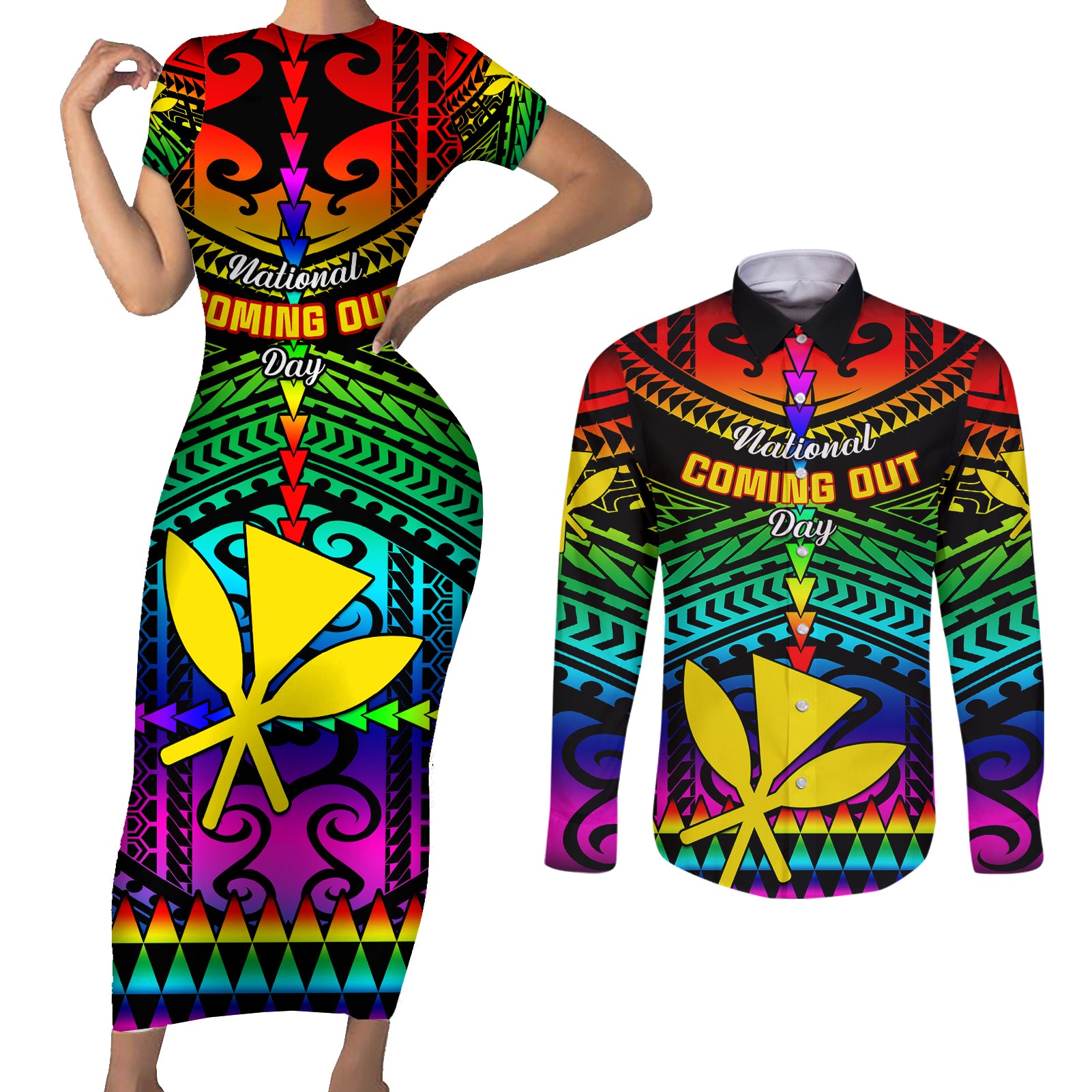 personalised-hawaii-couples-matching-short-sleeve-bodycon-dress-and-long-sleeve-button-shirts-kanaka-maoli-kakau-2023-national-coming-out-day