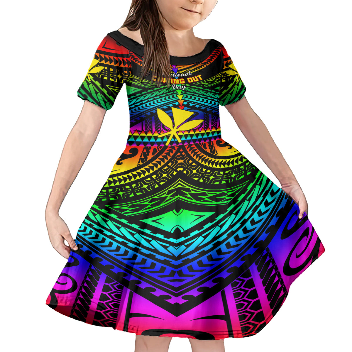 personalised-hawaii-kid-short-sleeve-dress-kanaka-maoli-kakau-2023-national-coming-out-day