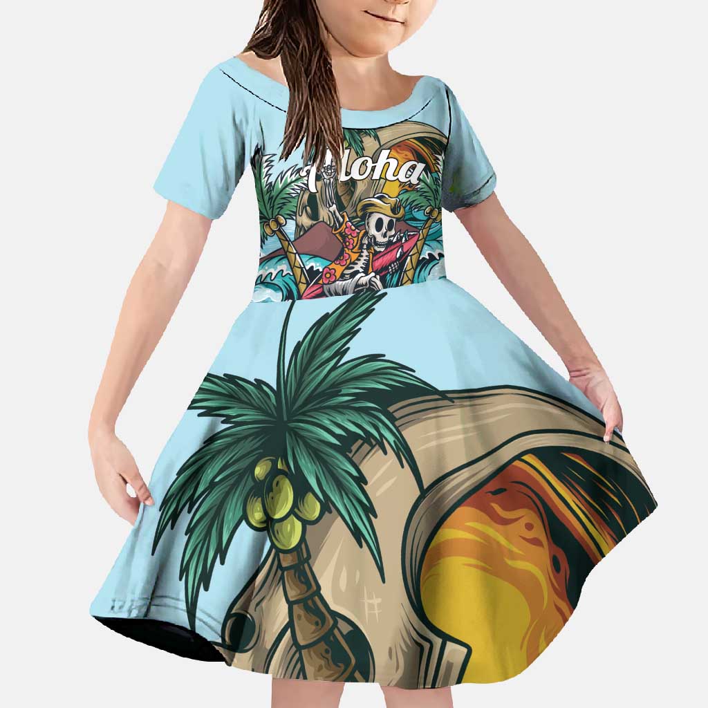 Personalized Aloha Hawaii Skeleton Family Matching Mermaid Dress and Hawaiian Shirt Tropical Summer Vibe LT01 Daughter's Dress Blue - Polynesian Pride