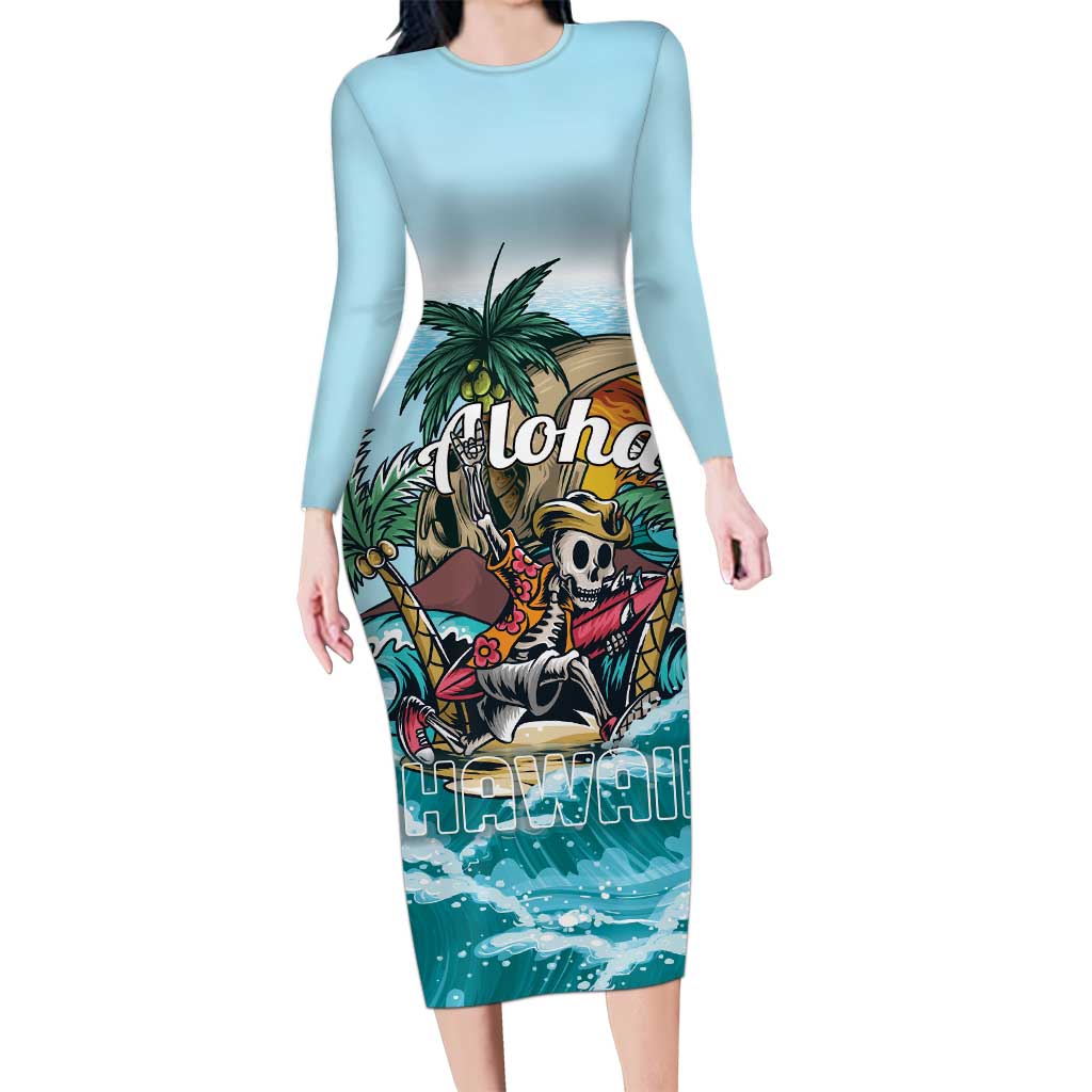Personalized Aloha Hawaii Skeleton Long Sleeve Bodycon Dress Tropical Summer Vibe LT01 Long Dress Blue - Polynesian Pride