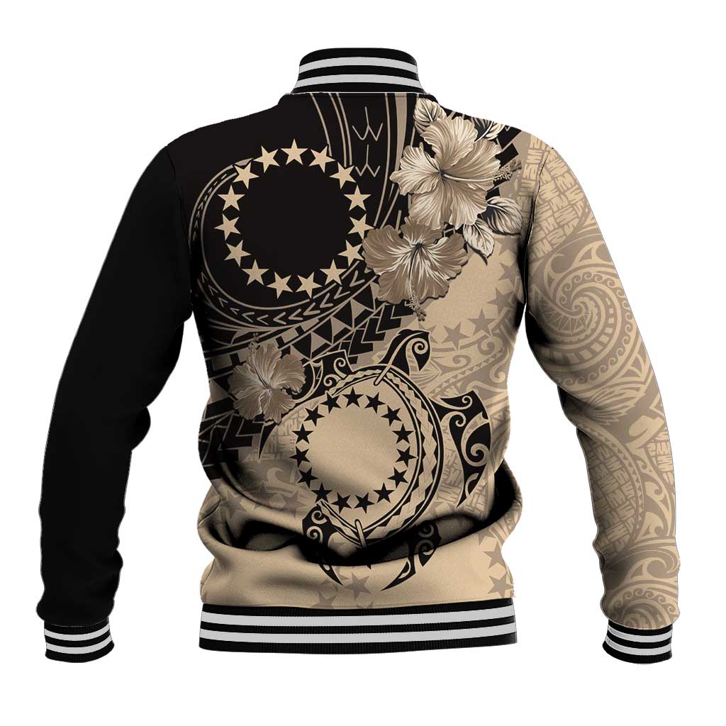 Cook Islands Turtle Baseball Jacket Stars and Hibiscus - Beige
