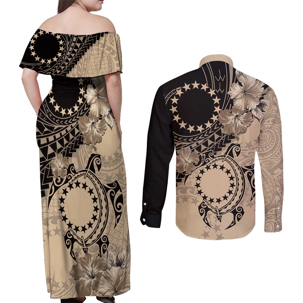 Cook Islands Turtle Couples Matching Off Shoulder Maxi Dress and Long Sleeve Button Shirt Stars and Hibiscus - Beige