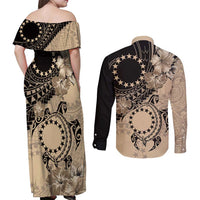 Cook Islands Turtle Couples Matching Off Shoulder Maxi Dress and Long Sleeve Button Shirt Stars and Hibiscus - Beige