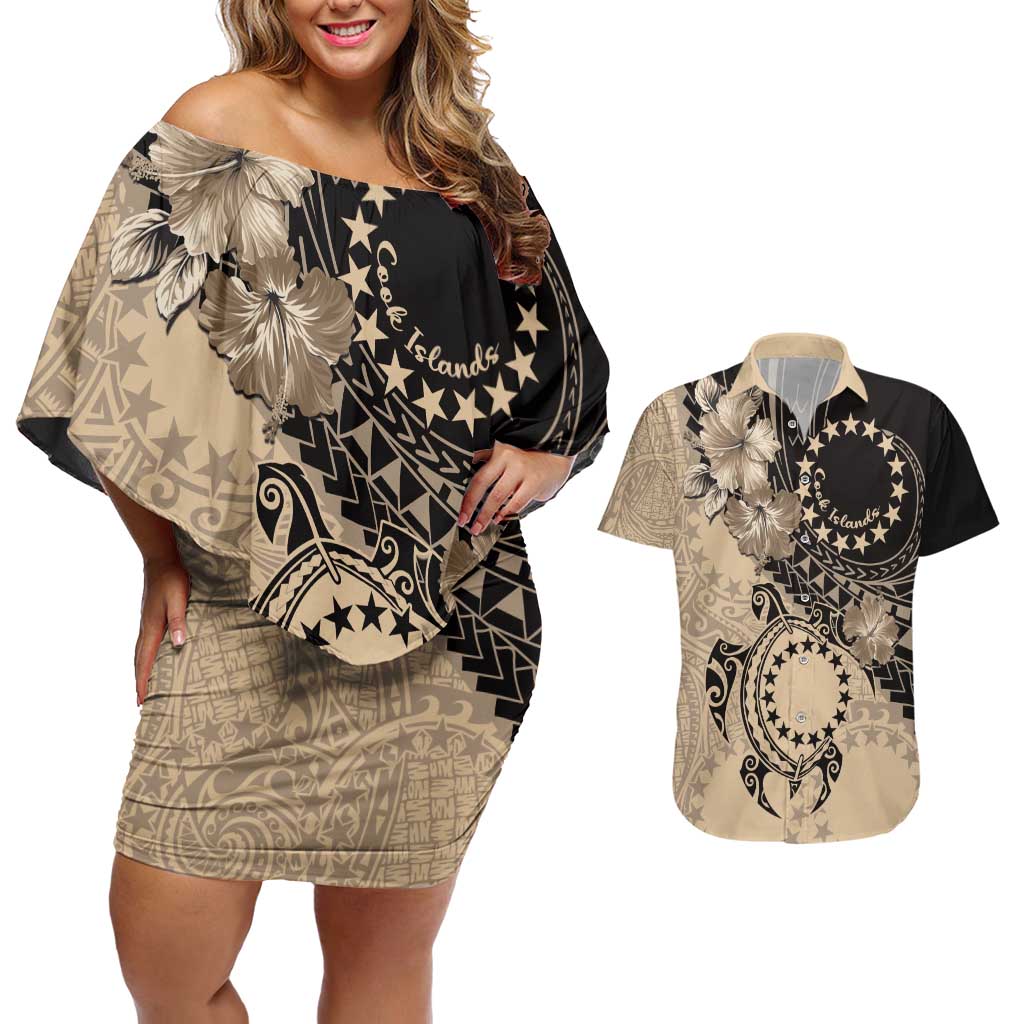 Cook Islands Turtle Couples Matching Off Shoulder Short Dress and Hawaiian Shirt Stars and Hibiscus - Beige
