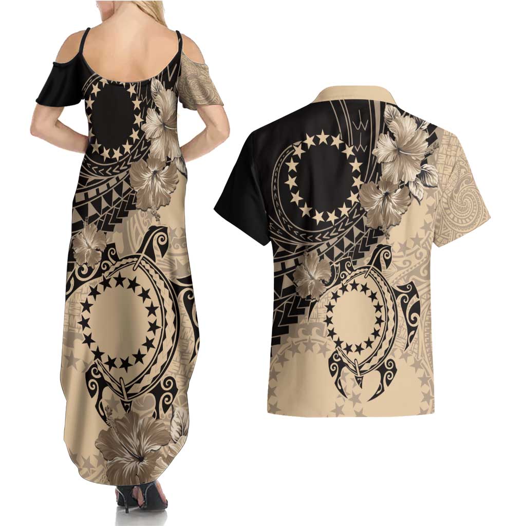 Cook Islands Turtle Couples Matching Summer Maxi Dress and Hawaiian Shirt Stars and Hibiscus - Beige
