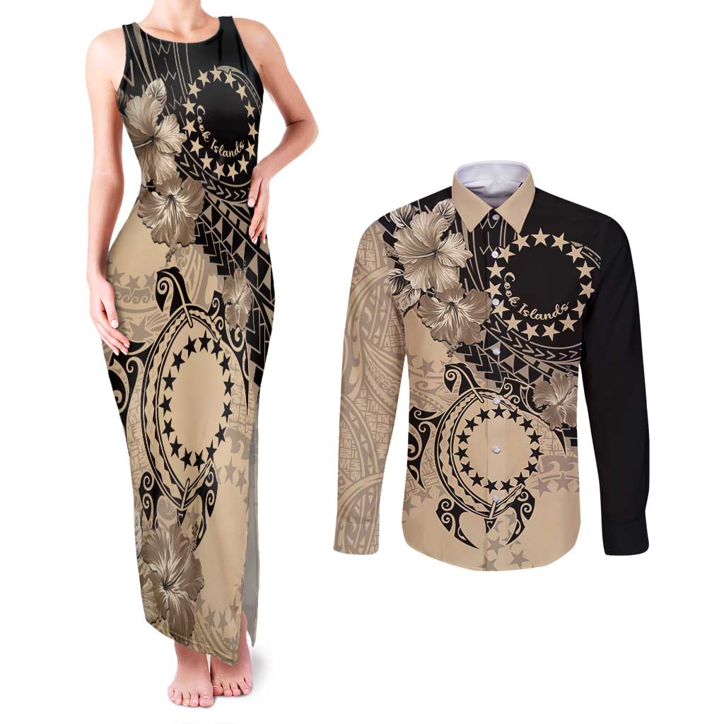 Cook Islands Turtle Couples Matching Tank Maxi Dress and Long Sleeve Button Shirt Stars and Hibiscus - Beige