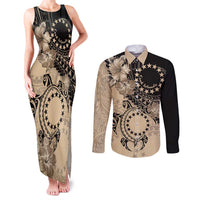 Cook Islands Turtle Couples Matching Tank Maxi Dress and Long Sleeve Button Shirt Stars and Hibiscus - Beige