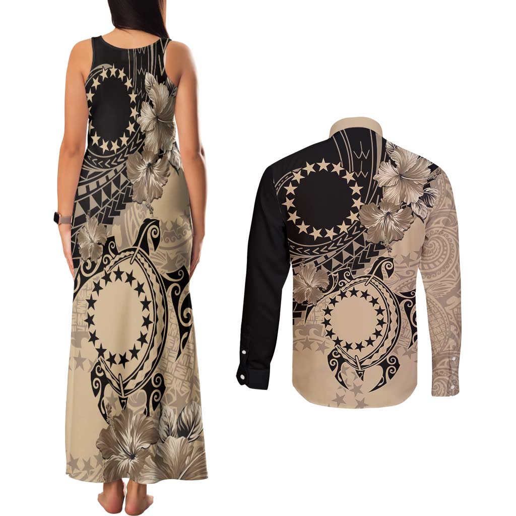 Cook Islands Turtle Couples Matching Tank Maxi Dress and Long Sleeve Button Shirt Stars and Hibiscus - Beige