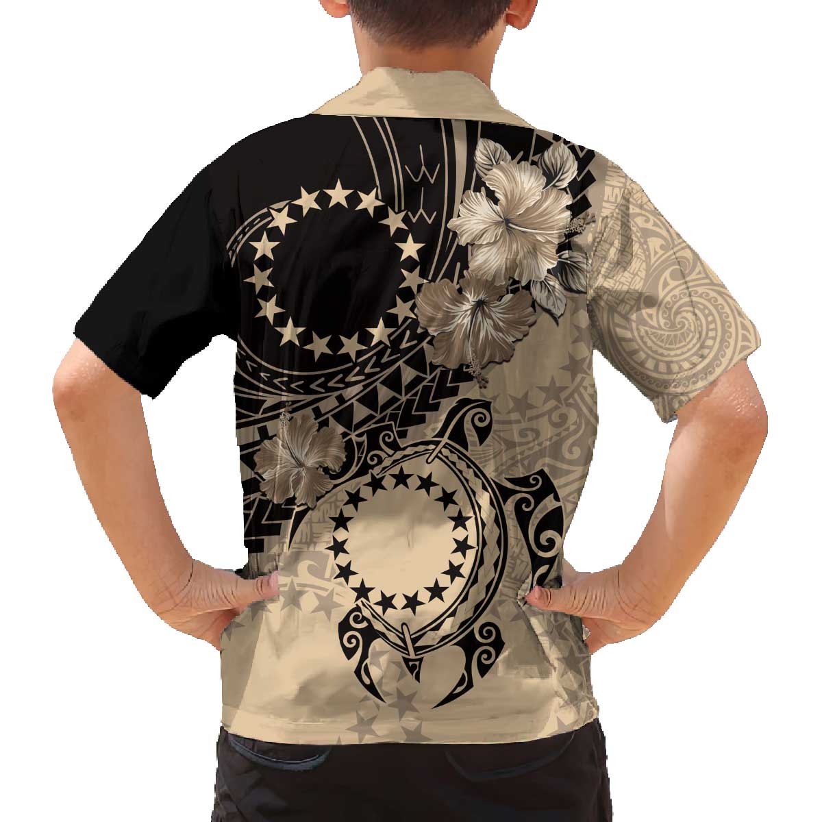Cook Islands Turtle Family Matching Off The Shoulder Long Sleeve Dress and Hawaiian Shirt Stars and Hibiscus - Beige LT01 - Polynesian Pride