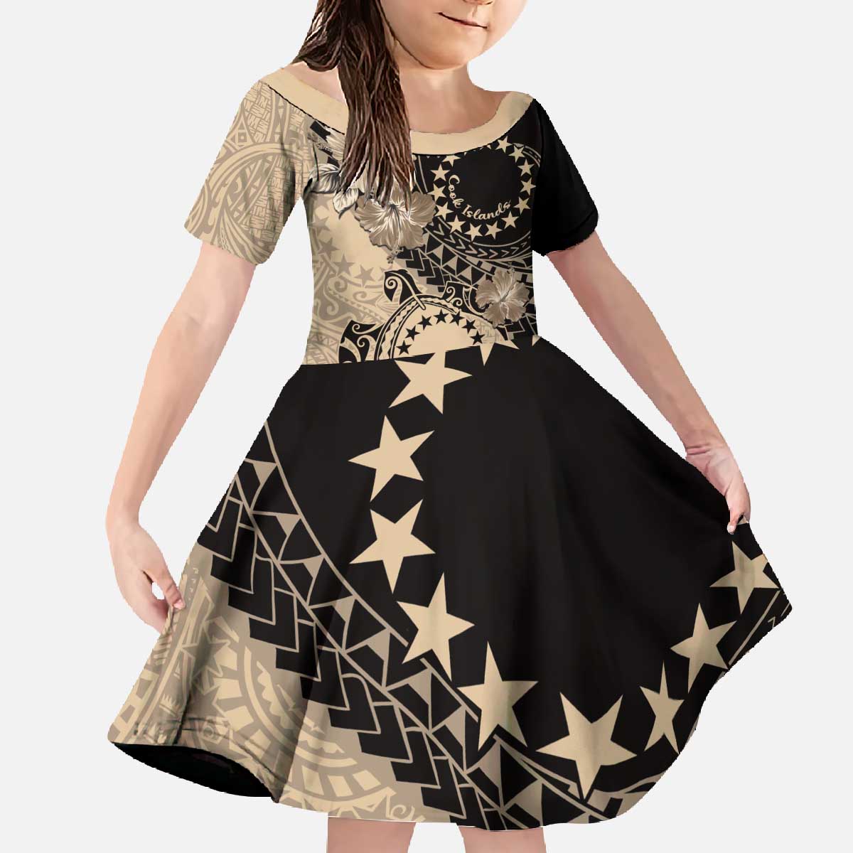Cook Islands Turtle Family Matching Off The Shoulder Long Sleeve Dress and Hawaiian Shirt Stars and Hibiscus - Beige LT01 Daughter's Dress Beige - Polynesian Pride