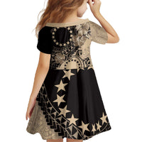 Cook Islands Turtle Family Matching Off The Shoulder Long Sleeve Dress and Hawaiian Shirt Stars and Hibiscus - Beige LT01 - Polynesian Pride