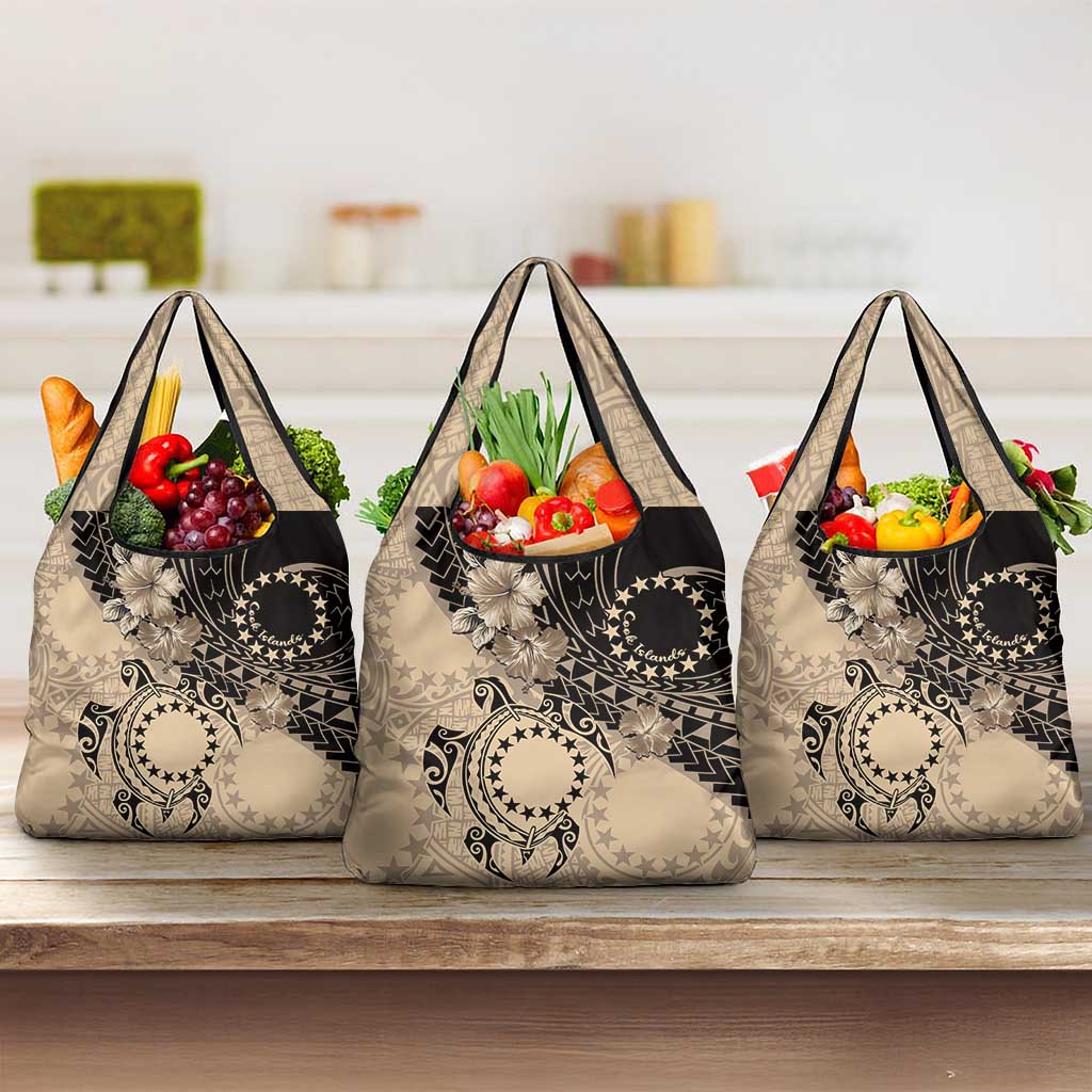 Cook Islands Turtle Grocery Bag Stars and Hibiscus - Beige