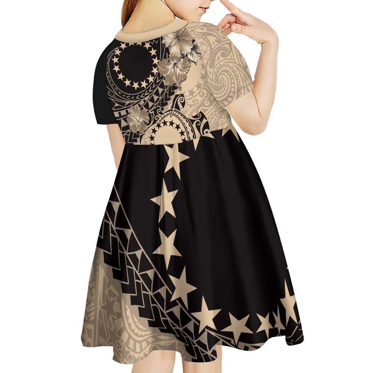 Cook Islands Turtle Kid Short Sleeve Dress Stars and Hibiscus - Beige