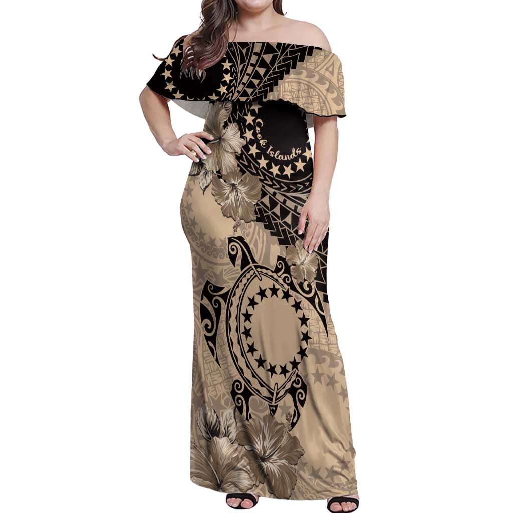 Cook Islands Turtle Off Shoulder Maxi Dress Stars and Hibiscus - Beige