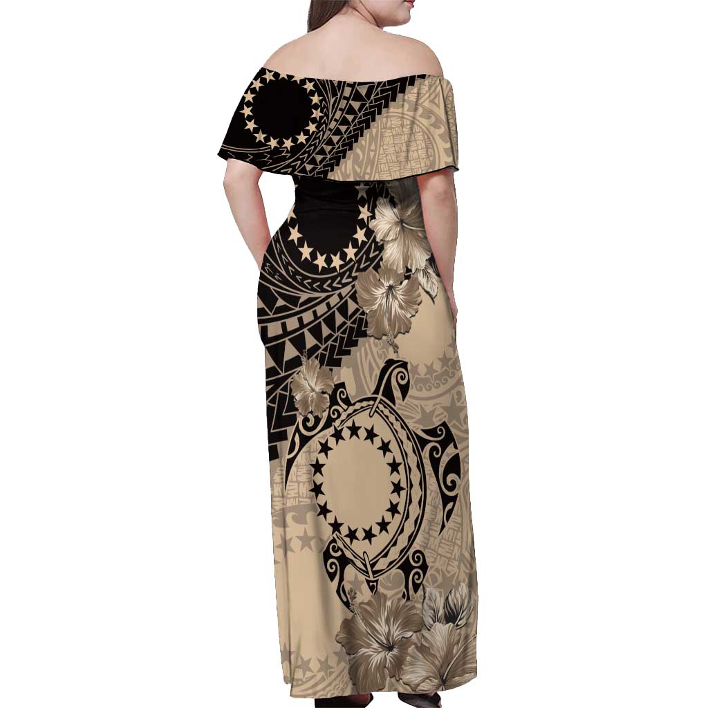 Cook Islands Turtle Off Shoulder Maxi Dress Stars and Hibiscus - Beige