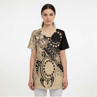 Cook Islands Turtle Scrub Top Stars and Hibiscus - Beige - Polynesian Pride