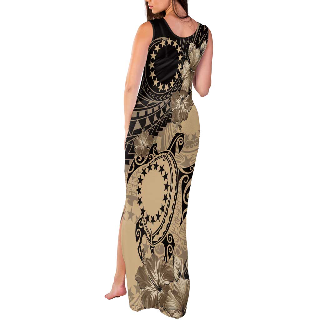 Cook Islands Turtle Tank Maxi Dress Stars and Hibiscus - Beige