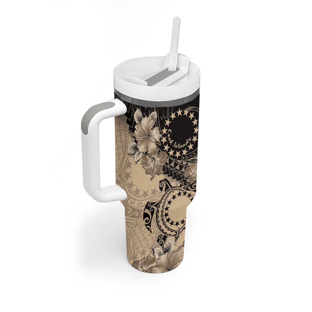 Cook Islands Turtle Tumbler With Handle Stars and Hibiscus - Beige