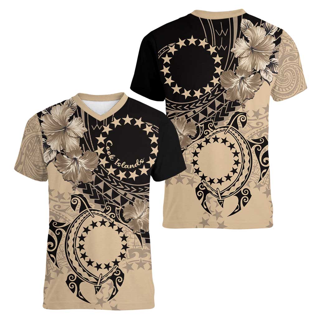 Cook Islands Turtle Women V-Neck T-Shirt Stars and Hibiscus - Beige