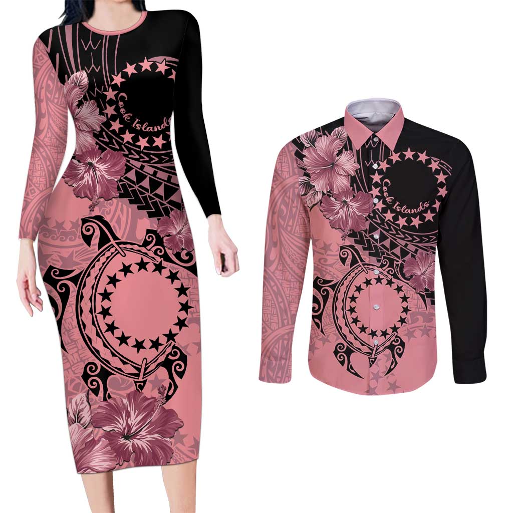 Cook Islands Turtle Couples Matching Long Sleeve Bodycon Dress and Long Sleeve Button Shirt Stars and Hibiscus - Pink