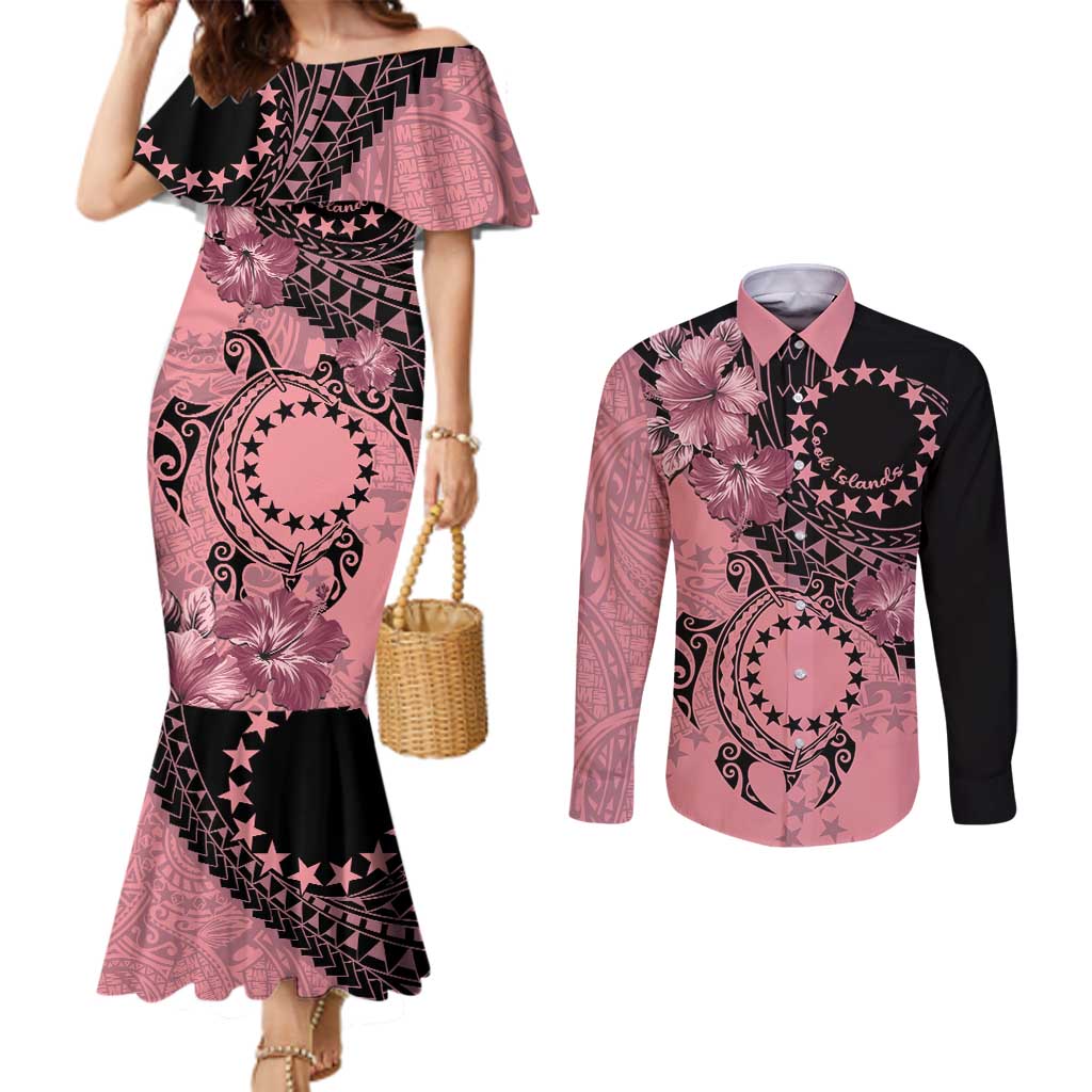 Cook Islands Turtle Couples Matching Mermaid Dress and Long Sleeve Button Shirt Stars and Hibiscus - Pink