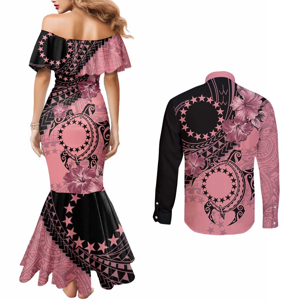 Cook Islands Turtle Couples Matching Mermaid Dress and Long Sleeve Button Shirt Stars and Hibiscus - Pink
