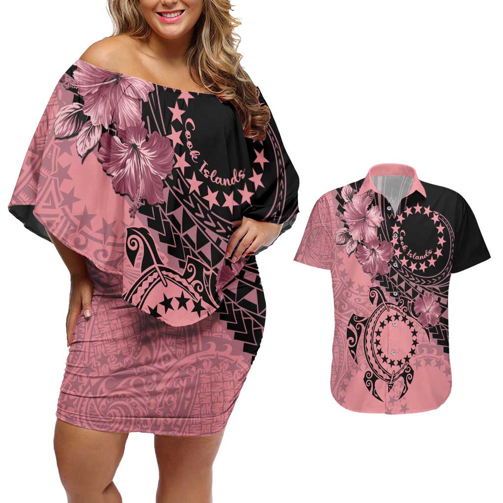 Cook Islands Turtle Couples Matching Off Shoulder Short Dress and Hawaiian Shirt Stars and Hibiscus - Pink