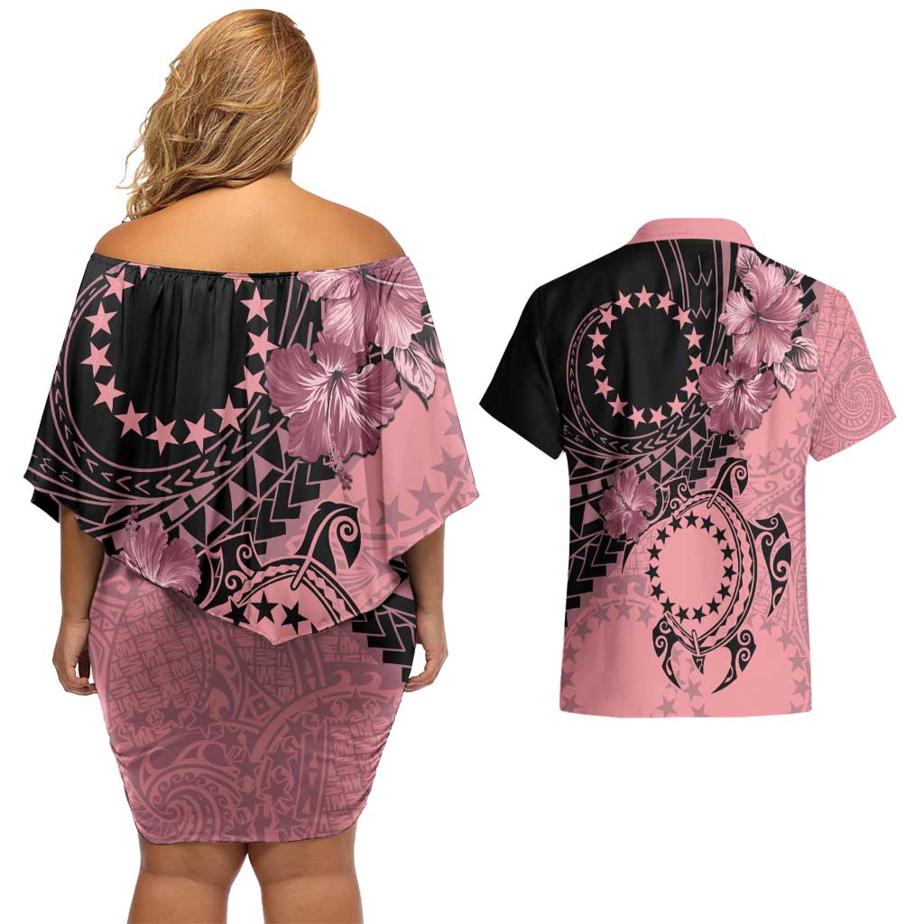 Cook Islands Turtle Couples Matching Off Shoulder Short Dress and Hawaiian Shirt Stars and Hibiscus - Pink