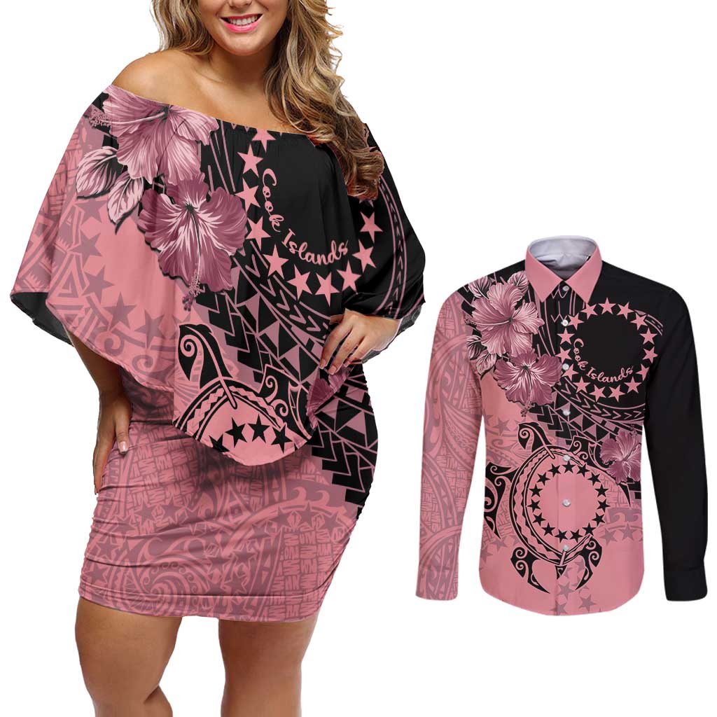 Cook Islands Turtle Couples Matching Off Shoulder Short Dress and Long Sleeve Button Shirt Stars and Hibiscus - Pink
