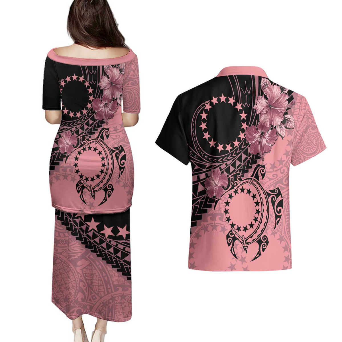 Cook Islands Turtle Couples Matching Puletasi and Hawaiian Shirt Stars and Hibiscus - Pink