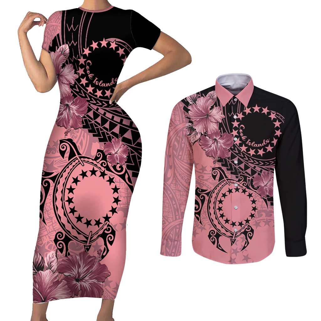 Cook Islands Turtle Couples Matching Short Sleeve Bodycon Dress and Long Sleeve Button Shirt Stars and Hibiscus - Pink