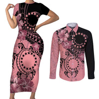 Cook Islands Turtle Couples Matching Short Sleeve Bodycon Dress and Long Sleeve Button Shirt Stars and Hibiscus - Pink