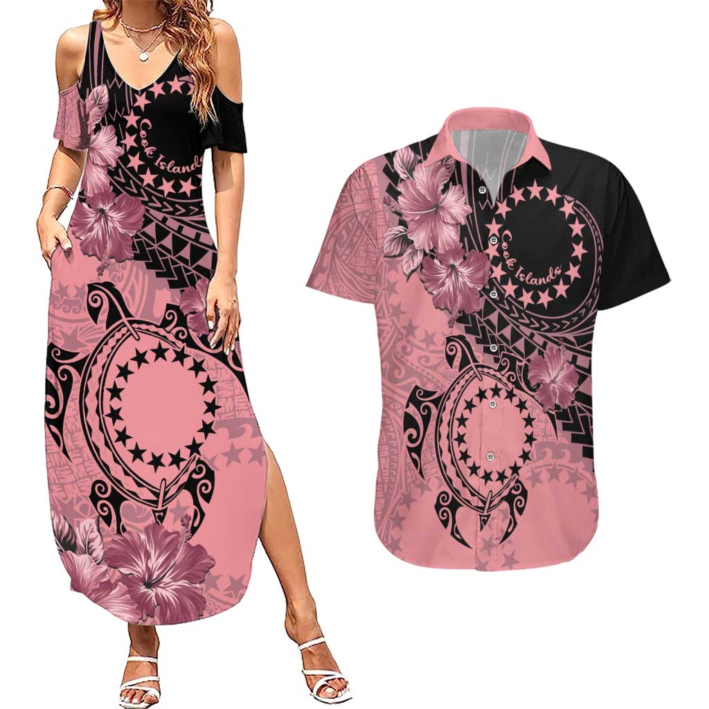 Cook Islands Turtle Couples Matching Summer Maxi Dress and Hawaiian Shirt Stars and Hibiscus - Pink