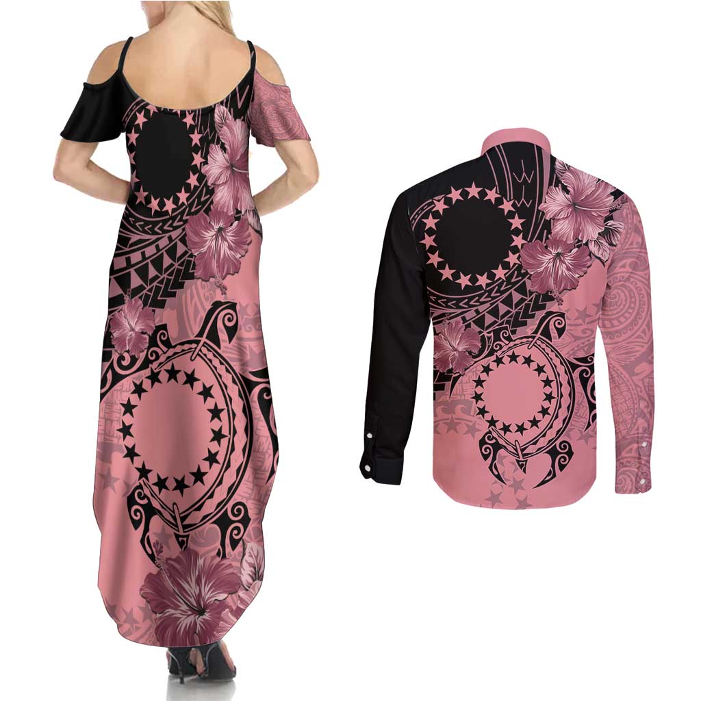 Cook Islands Turtle Couples Matching Summer Maxi Dress and Long Sleeve Button Shirt Stars and Hibiscus - Pink