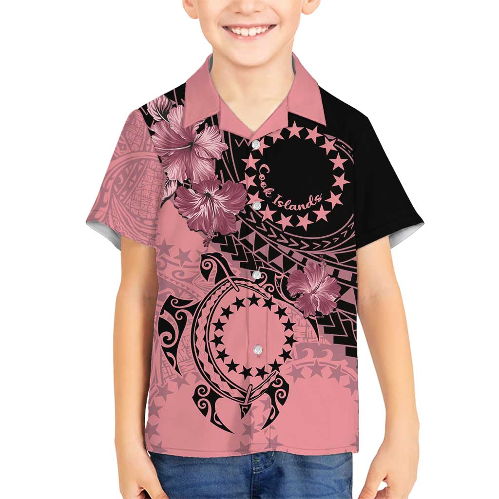 Cook Islands Turtle Family Matching Long Sleeve Bodycon Dress and Hawaiian Shirt Stars and Hibiscus - Pink LT01 Son's Shirt Pink - Polynesian Pride
