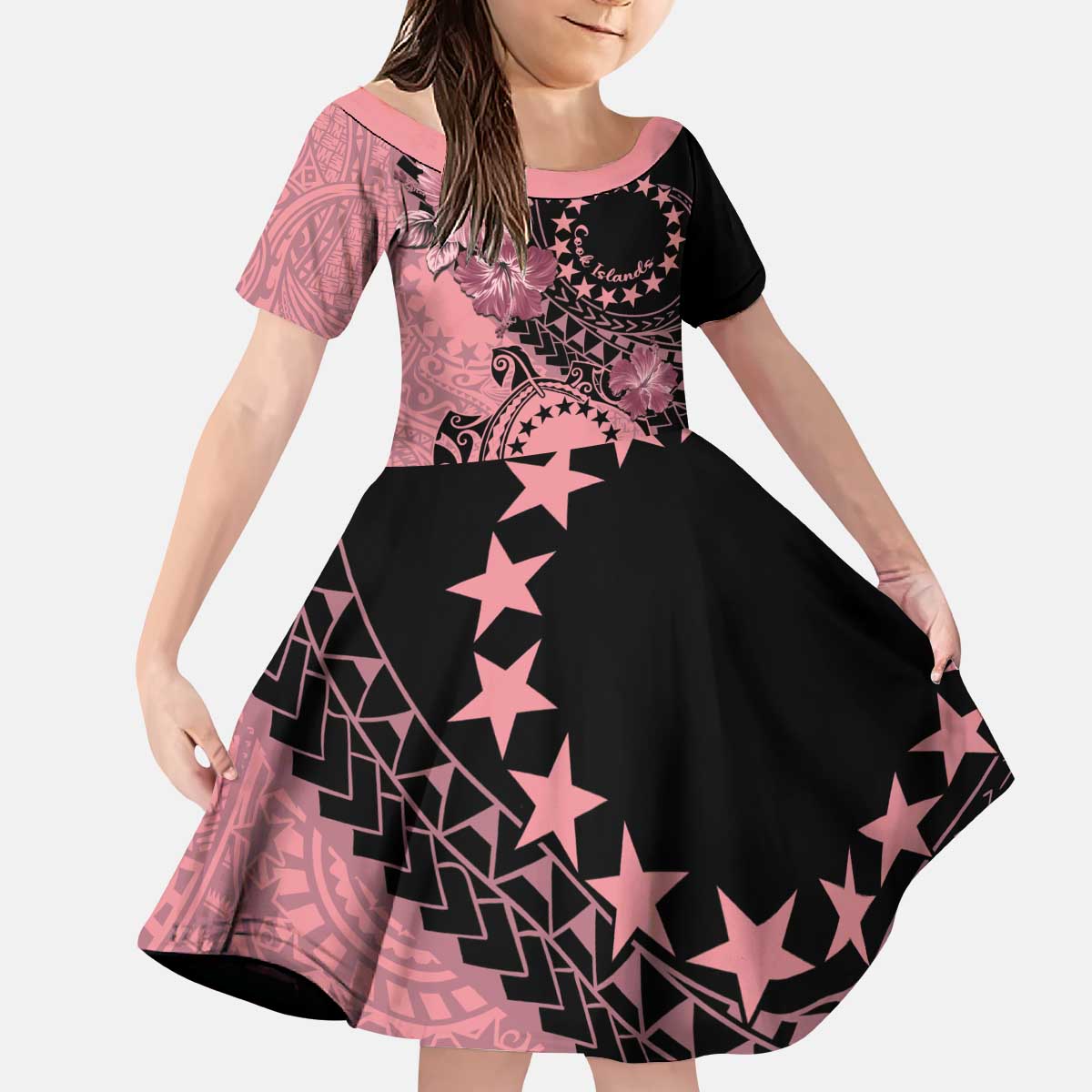 Cook Islands Turtle Kid Short Sleeve Dress Stars and Hibiscus - Pink