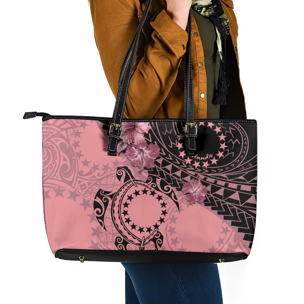Cook Islands Turtle Leather Tote Bag Stars and Hibiscus - Pink