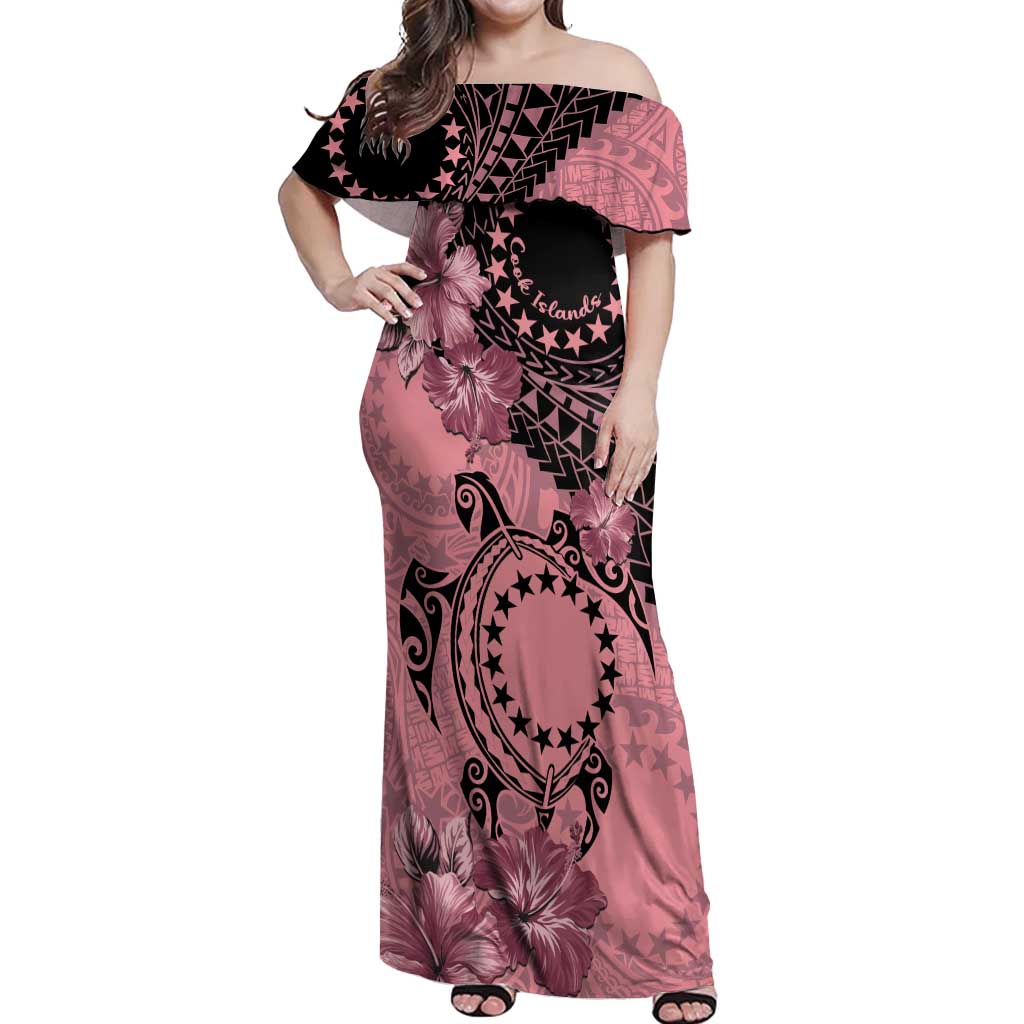 Cook Islands Turtle Off Shoulder Maxi Dress Stars and Hibiscus - Pink