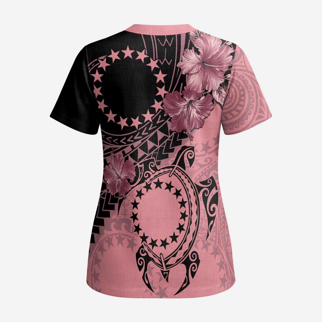 Cook Islands Turtle Scrub Top Stars and Hibiscus - Pink - Polynesian Pride