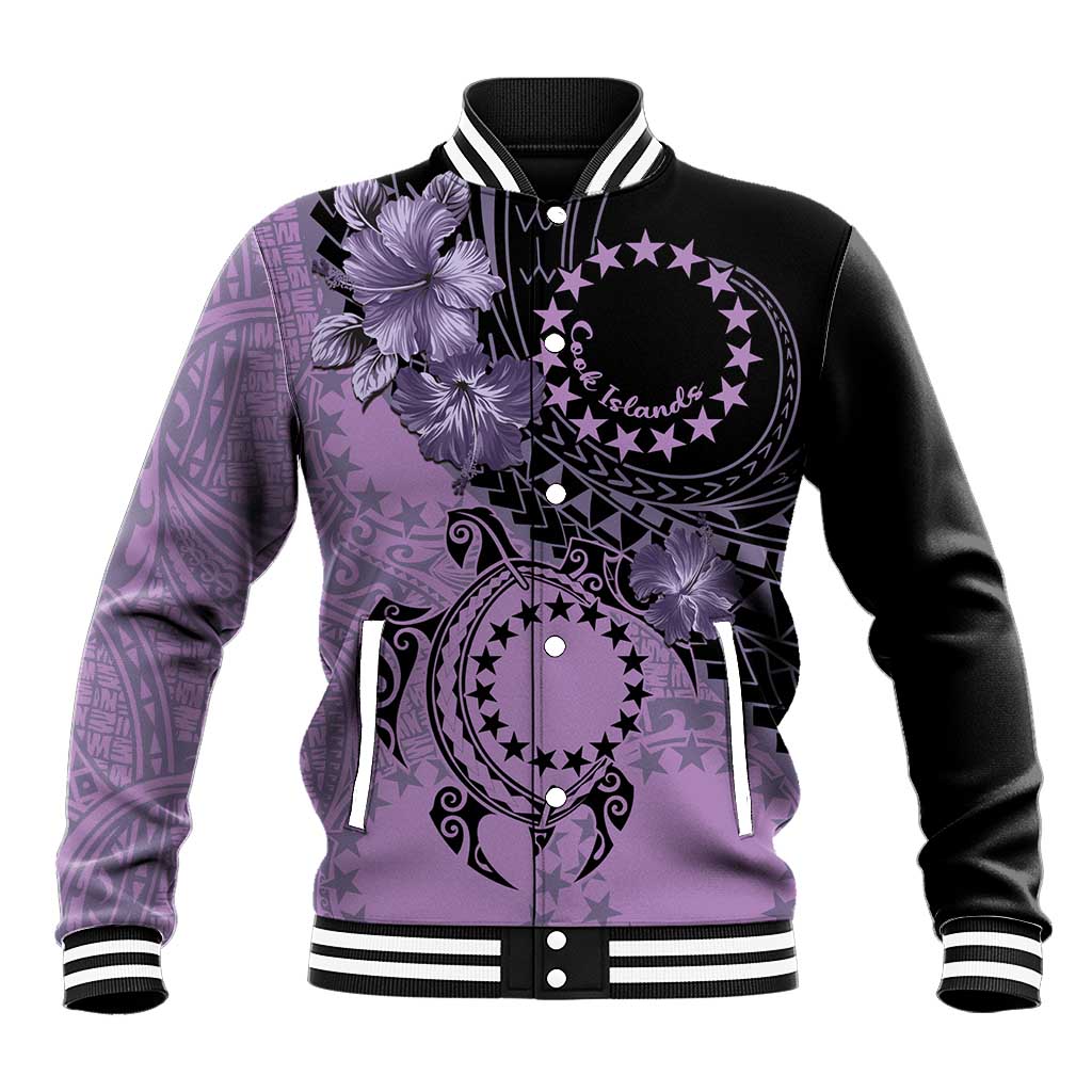 Cook Islands Turtle Baseball Jacket Stars and Hibiscus - Purple
