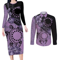 Cook Islands Turtle Couples Matching Long Sleeve Bodycon Dress and Long Sleeve Button Shirt Stars and Hibiscus - Purple