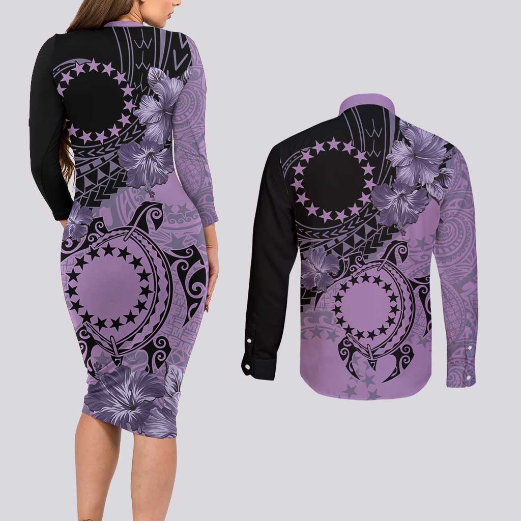 Cook Islands Turtle Couples Matching Long Sleeve Bodycon Dress and Long Sleeve Button Shirt Stars and Hibiscus - Purple