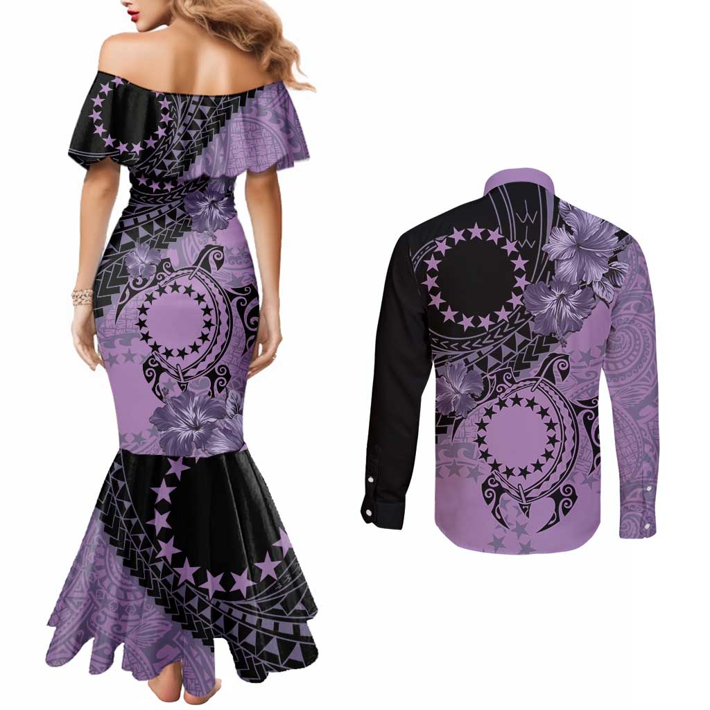 Cook Islands Turtle Couples Matching Mermaid Dress and Long Sleeve Button Shirt Stars and Hibiscus - Purple