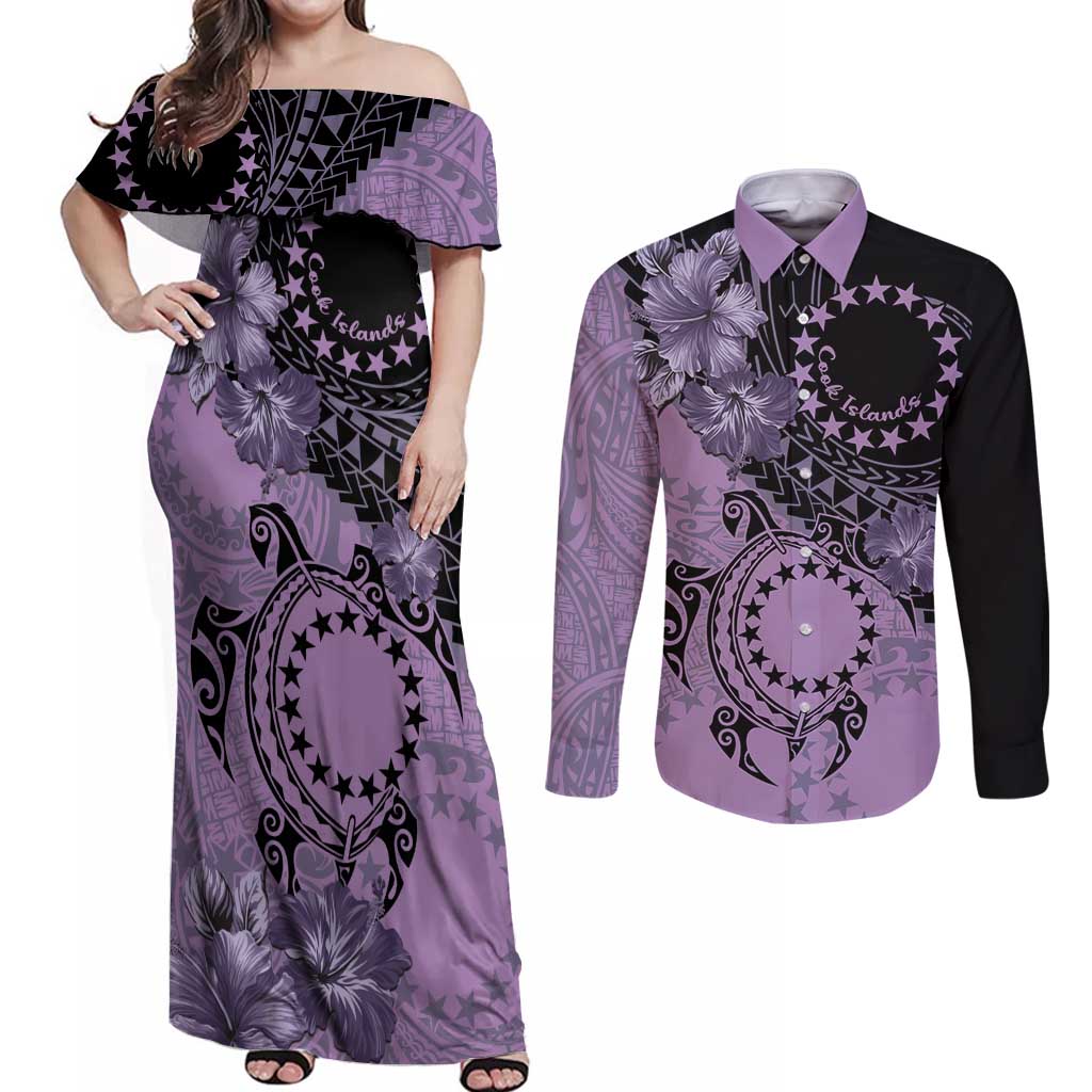Cook Islands Turtle Couples Matching Off Shoulder Maxi Dress and Long Sleeve Button Shirt Stars and Hibiscus - Purple