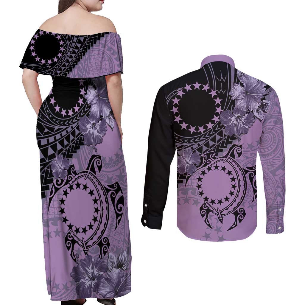 Cook Islands Turtle Couples Matching Off Shoulder Maxi Dress and Long Sleeve Button Shirt Stars and Hibiscus - Purple